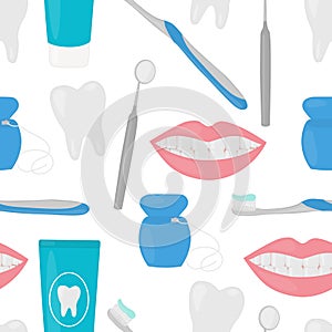 Seamless pattern oral cavity treatment brushing teeth toothpaste toothbrush dental floss vector illustration